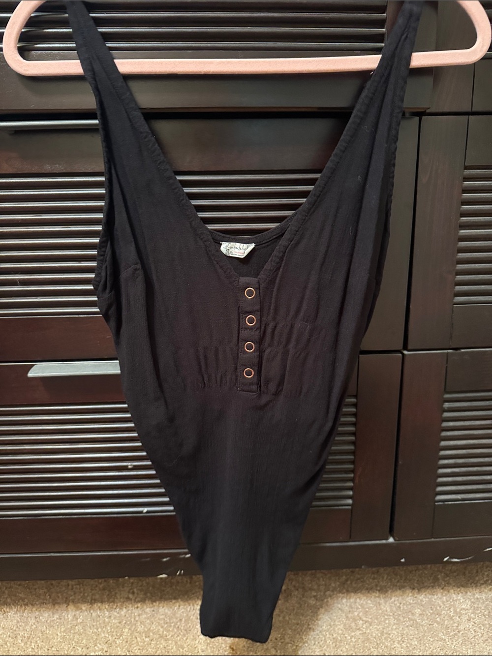 Black Sleeveless Scoop Neck Bodysuit with Button Placket